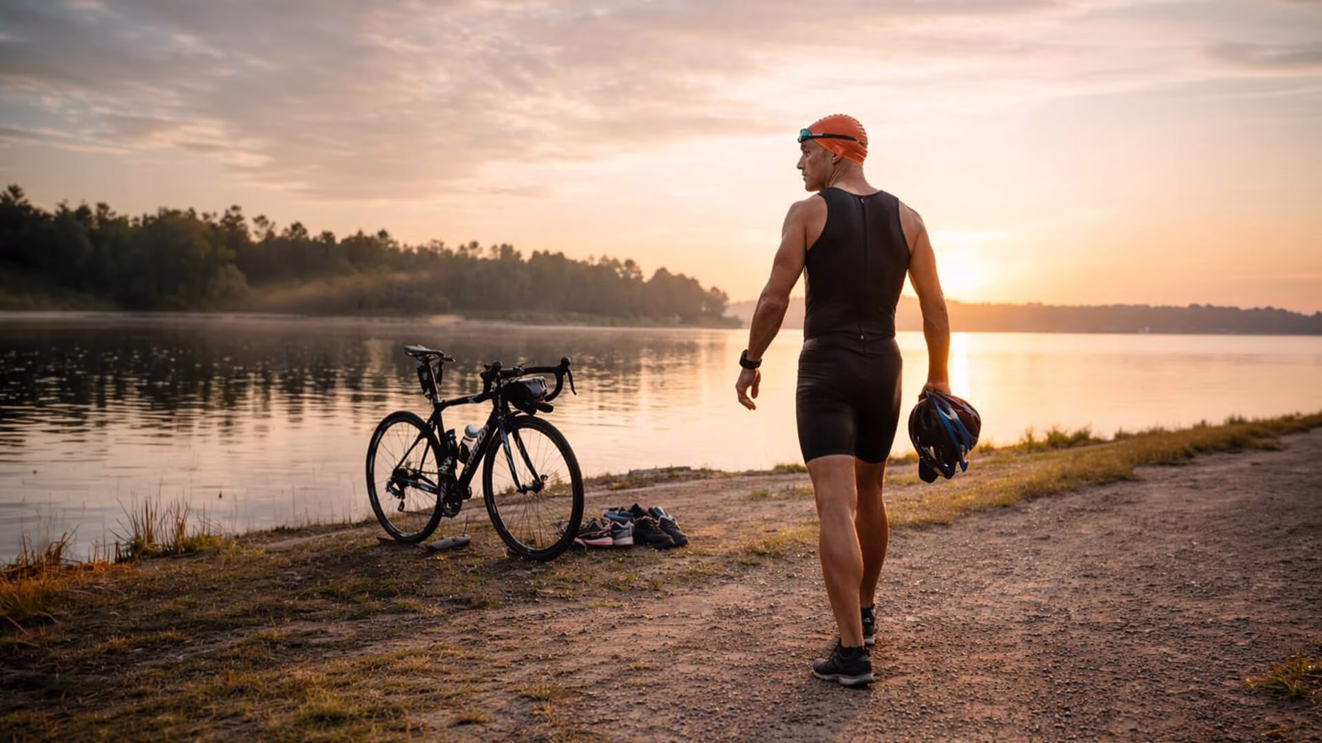 Triathlete preparing for a training session near a lake, representing the transition from Sprint to Olympic triathlon distance training.
