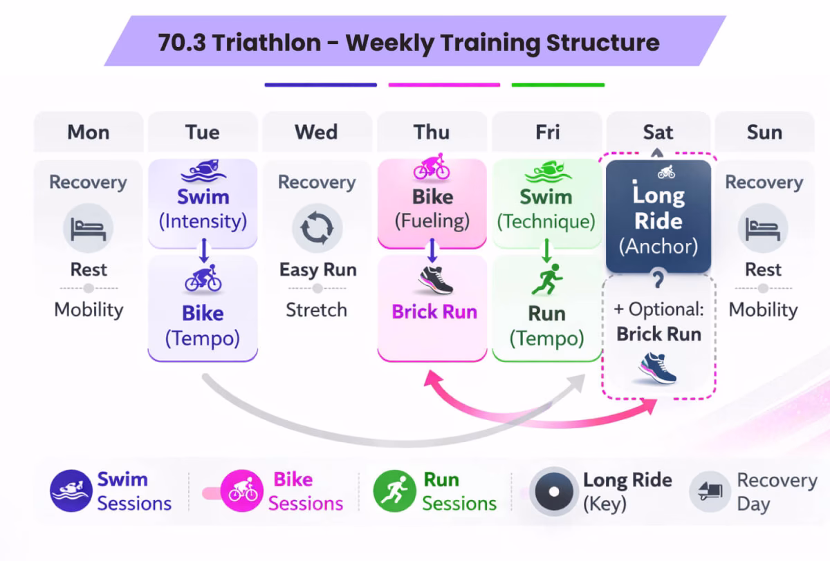Infographic showing swim, bike, and run balance in 70.3 triathlon with intensity, fueling, and durability elements
