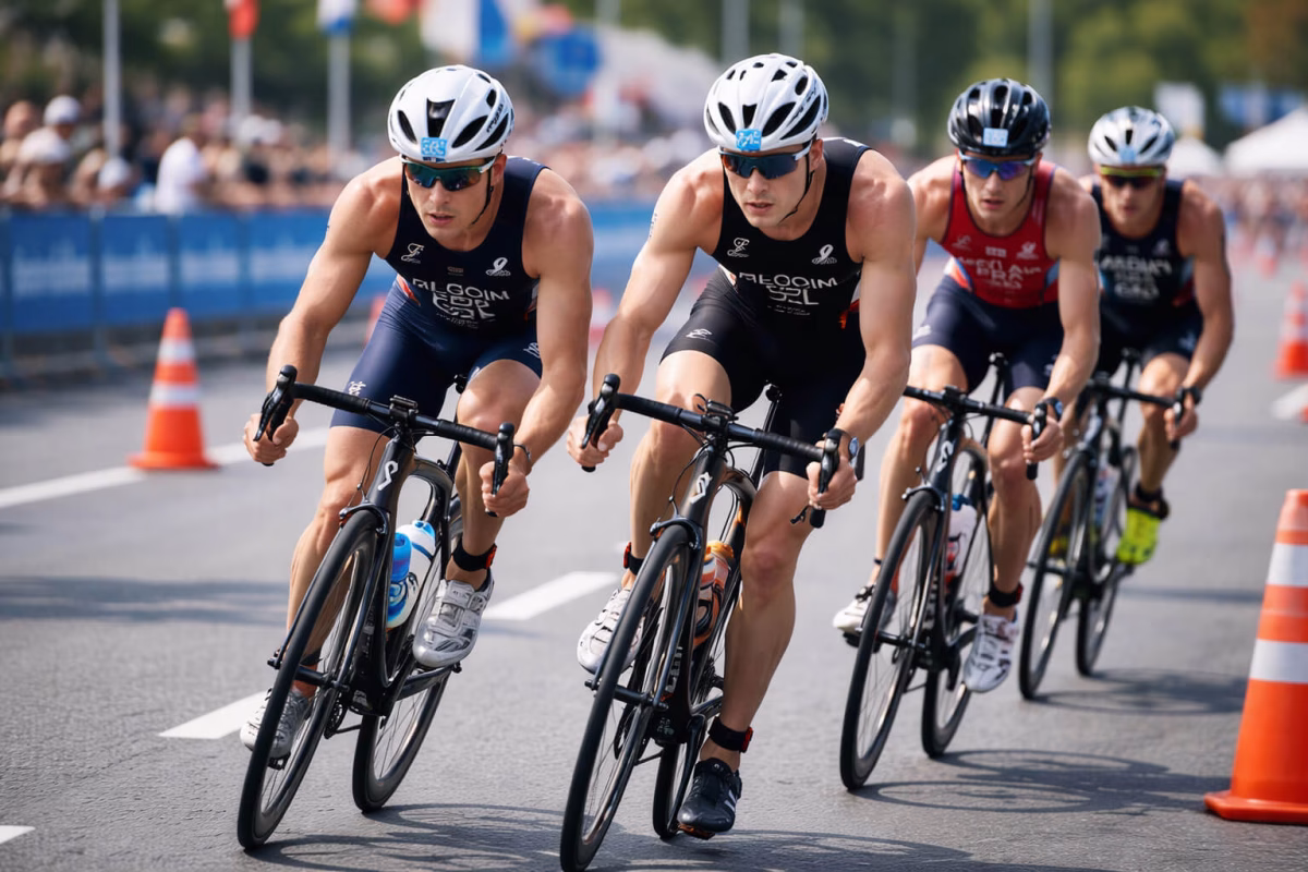 Triathletes riding in a small group during the bike leg of an Olympic distance triathlon
