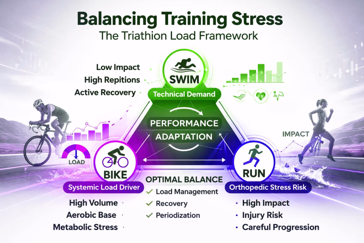Diagram showing balance of swim, bike, and run training stress in triathlon programming