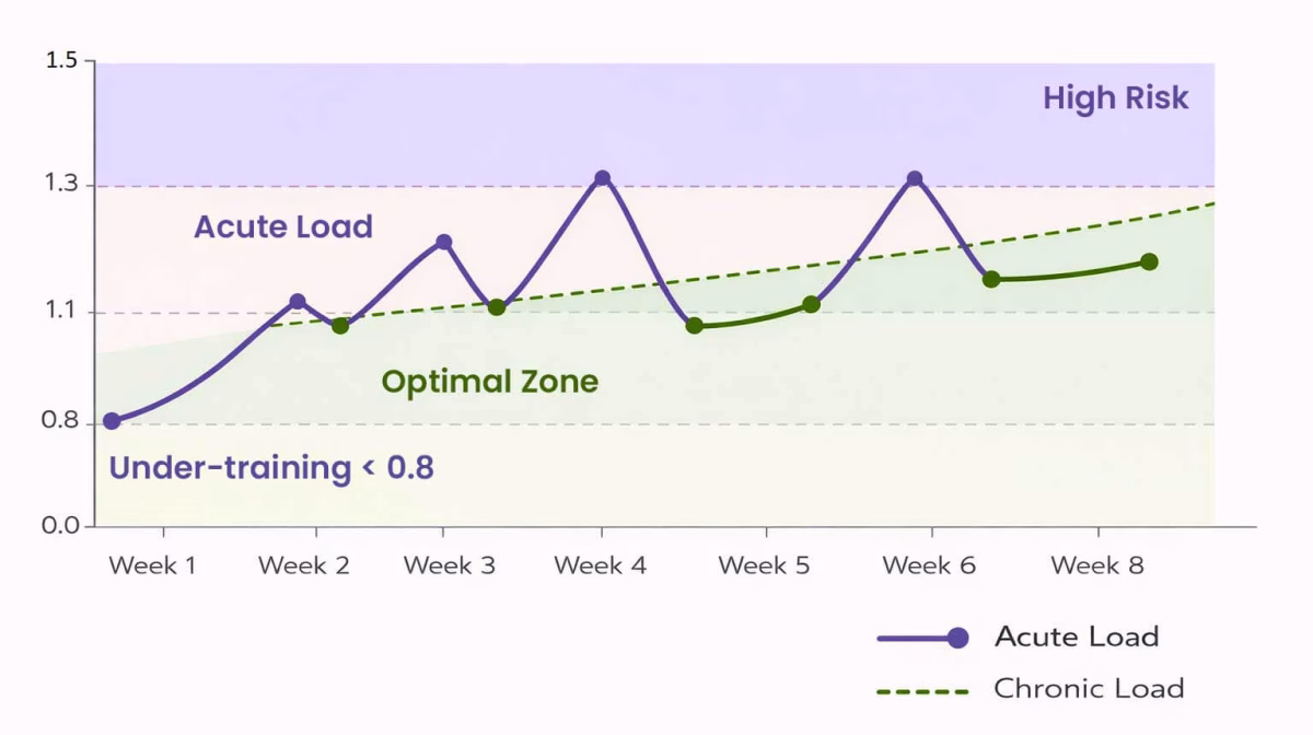 Acute-to-chronic workload ratio graph for a triathlon training plan build phase.