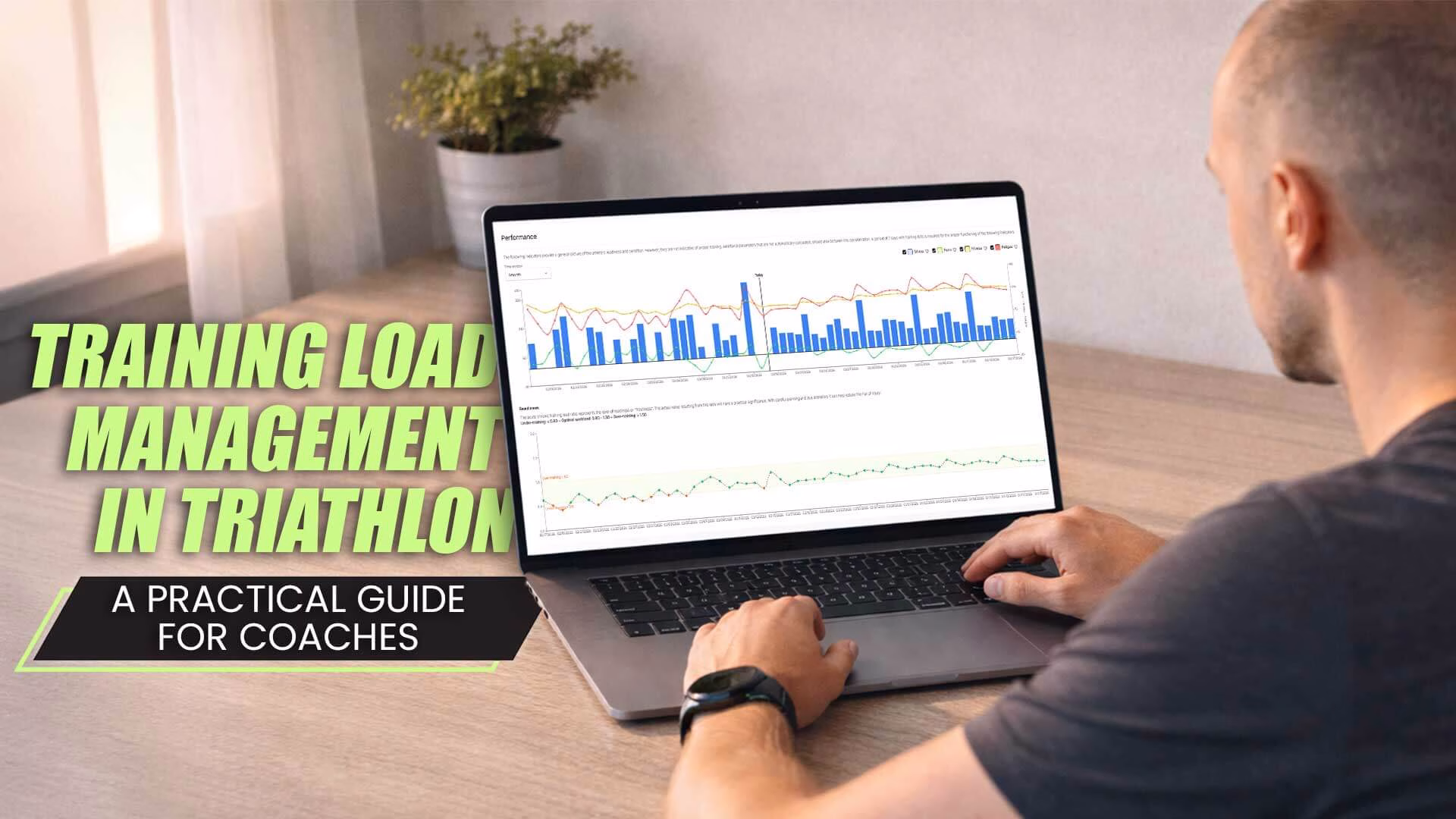 Triathlon training plan load management dashboard showing weekly swim, bike, and run stress distribution.