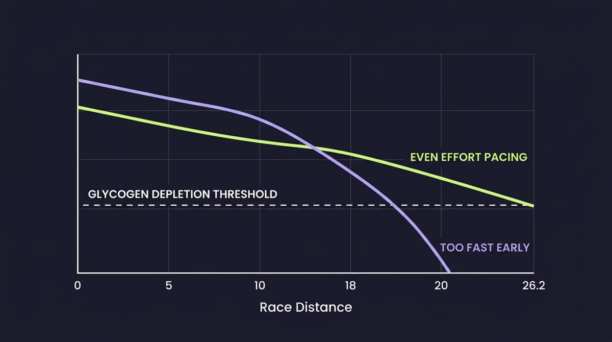 two runners late in marathon race contrasting the effect of poor vs. sound marathon pacing strategy
