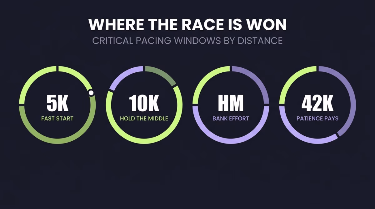 Four radial charts showing where the critical pacing moments occur in 5K, 10K, half marathon, and marathon running race strategy