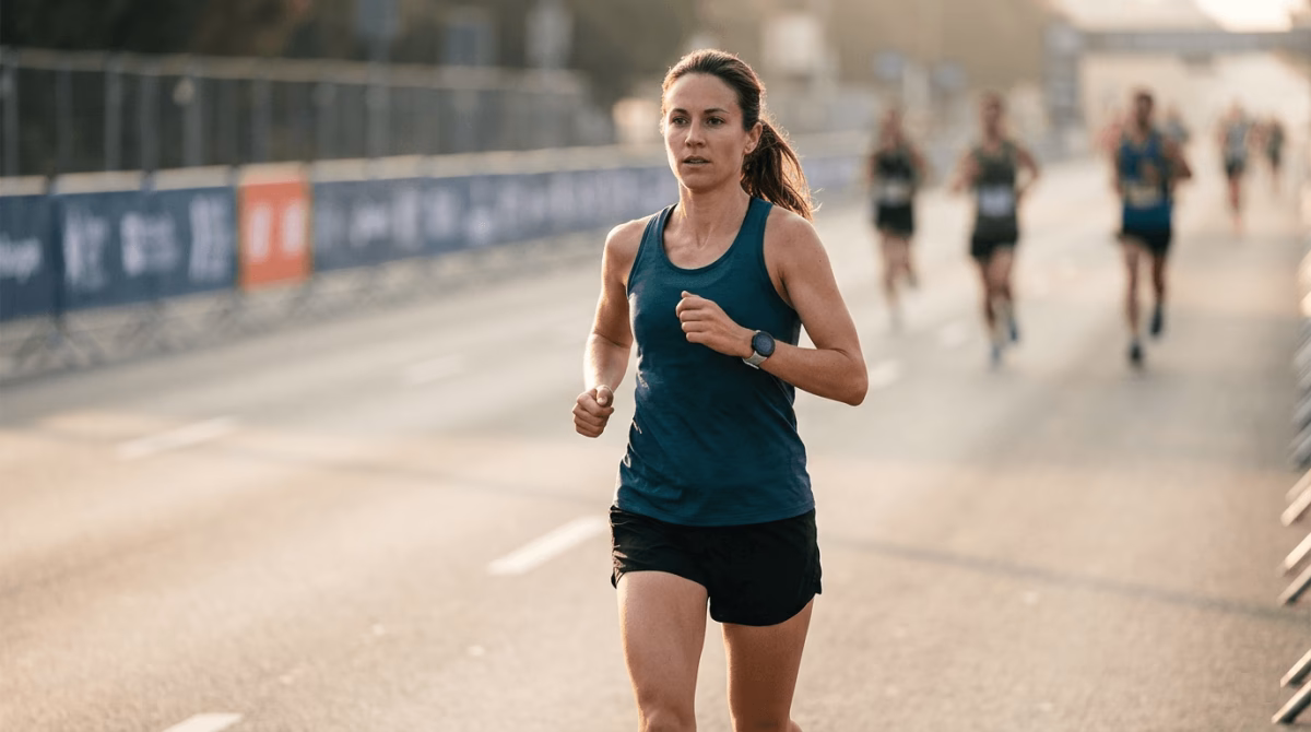 Female runner focused mid-race, illustrating the disciplined effort distribution central to running race strategy