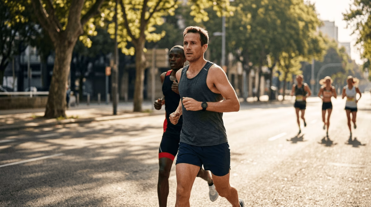 10k pacing strategy — male runner in controlled mid-race phase tucked behind a pack