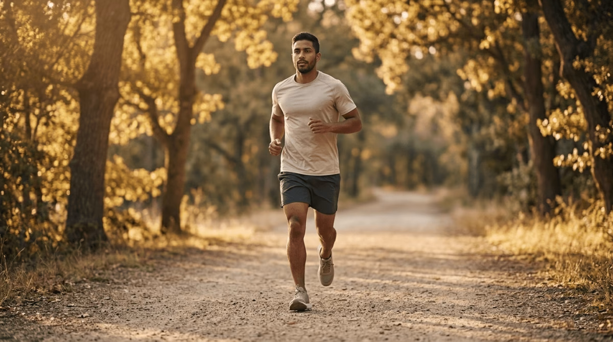 Runner performing an easy running workout on a flat trail in relaxed stride