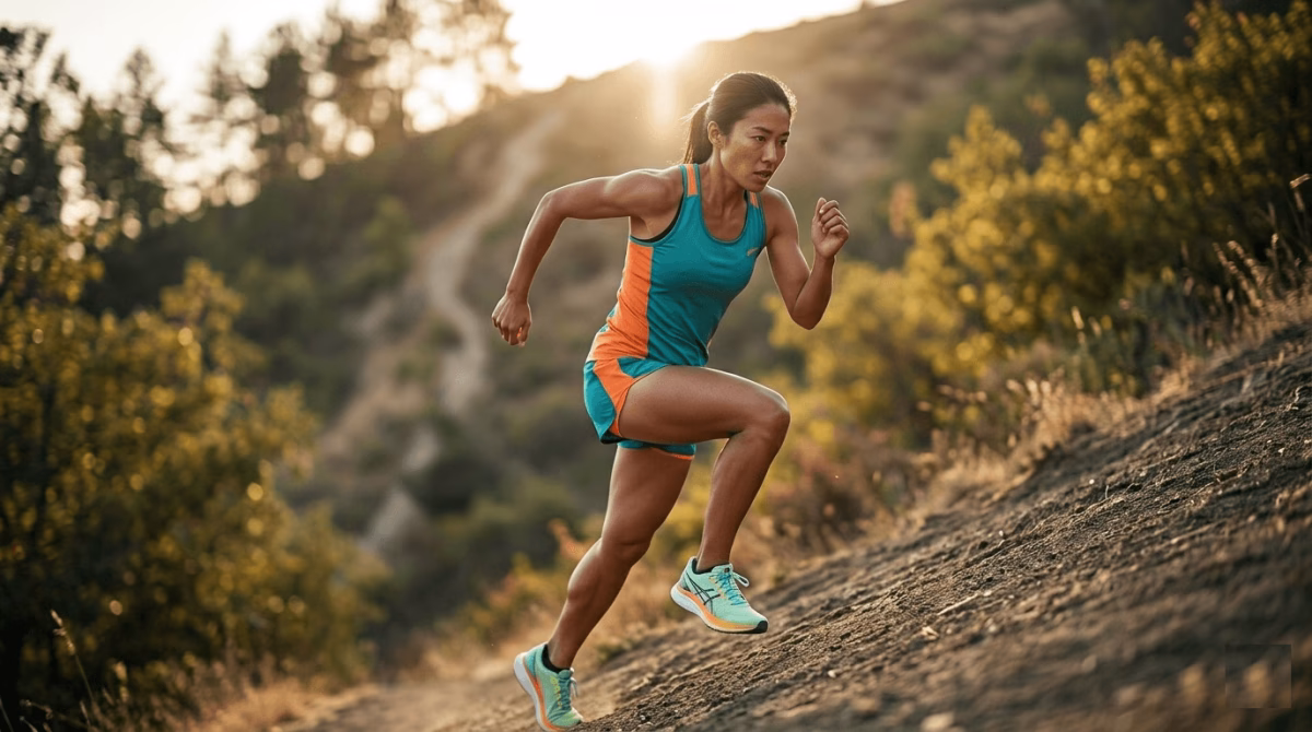 Female runner performing hill repeat running workouts on an outdoor gradient