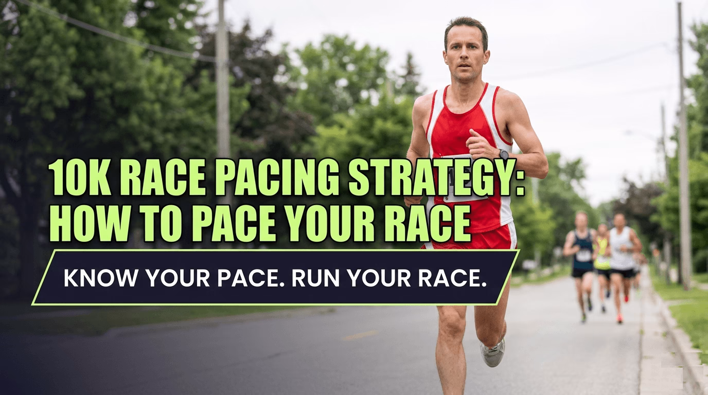 how to pace a 10k race — male runner in controlled mid-race form on a suburban road 10K