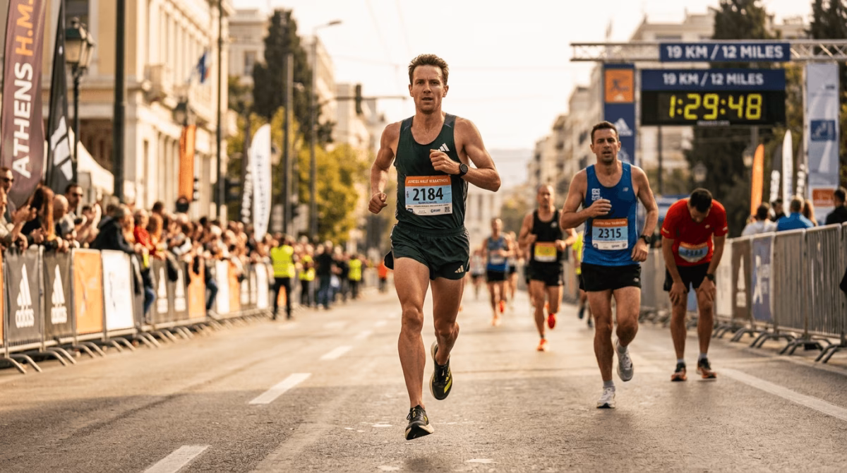 Male runner passing competitors in the final kilometers of a half marathon, illustrating the reward of a well-executed half marathon pacing plan