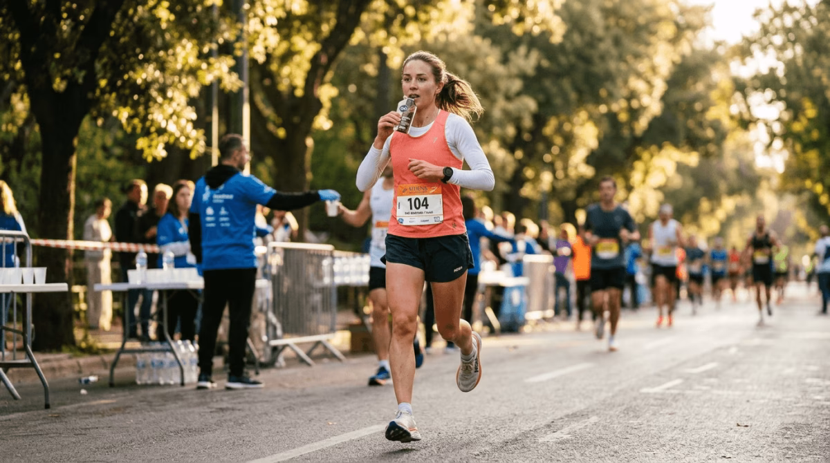 Female runner taking an energy gel mid-race during a half marathon, illustrating half marathon fueling strategy by finish time