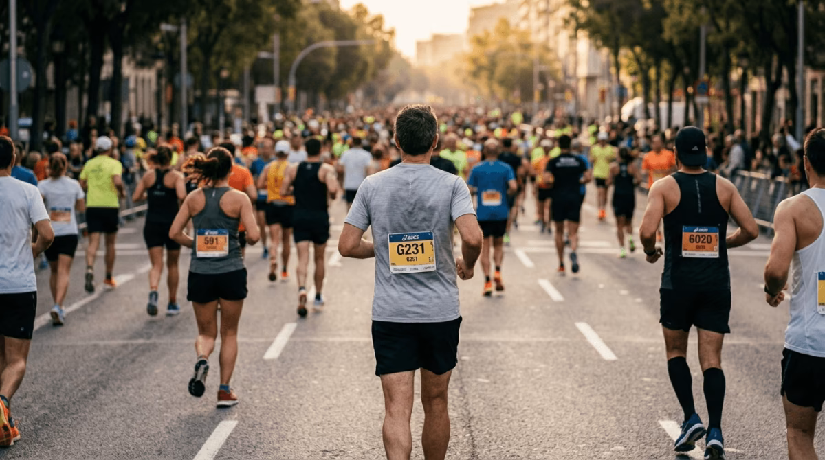 Male runner running controlled in a half marathon pack during the early kilometers, illustrating half marathon pacing strategy