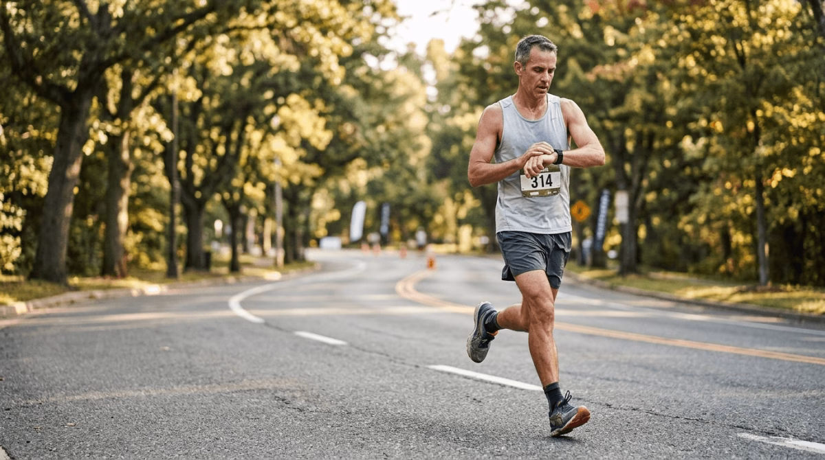 Male marathon runner checking GPS watch in mid-race, monitoring effort cues during the marathon negative split strategy deception zone