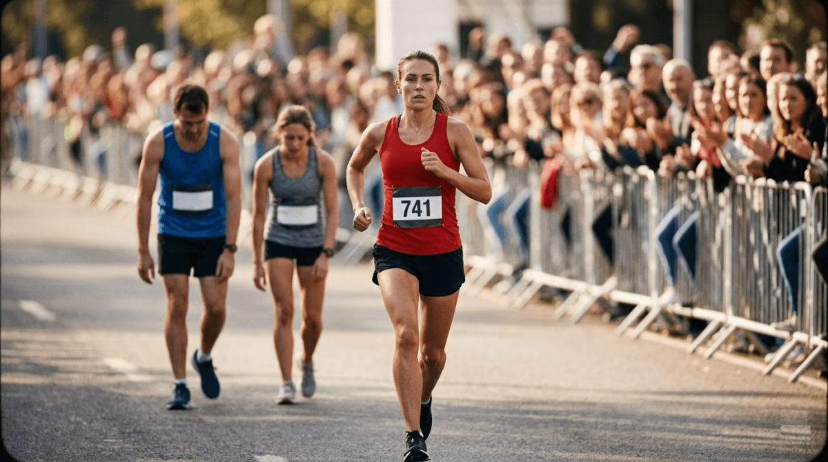 Female runner with strong arm drive passing fading competitors in the closing miles, executing a marathon negative split strategy