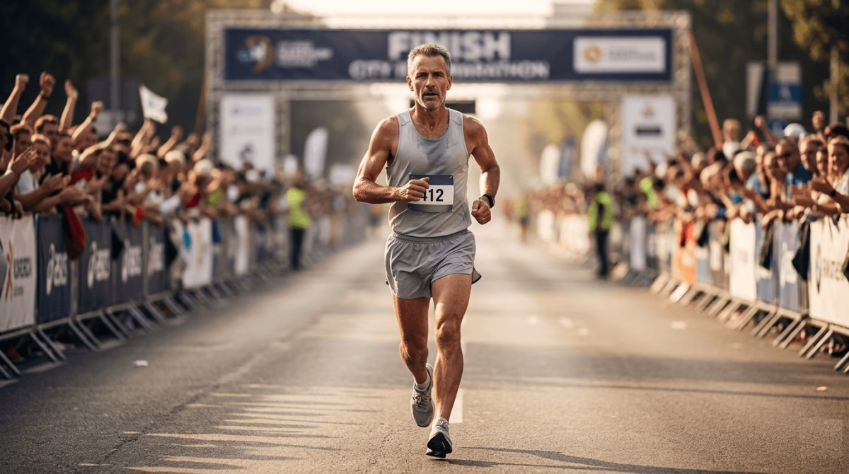 Male marathon runner pushing hard through closing miles demonstrating committed marathon race strategy execution