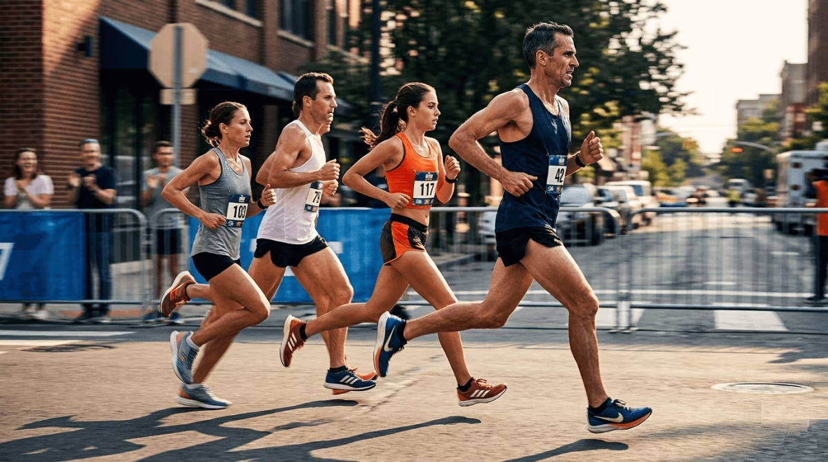 Pack of marathon runners in controlled formation executing marathon race strategy through the middle miles