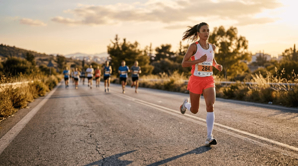 Female runner building pace in second half of road race executing negative split running strategy