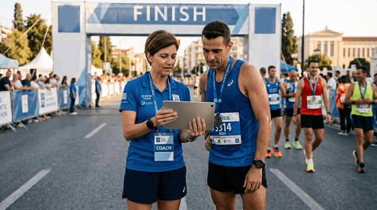 Female coach with lanyard showing male athlete negative split running data on tablet after race finish