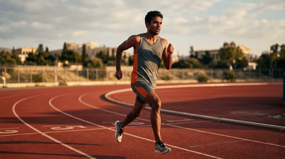 South Asian male runner doing 800-meter track intervals as part of marathon finish time prediction training