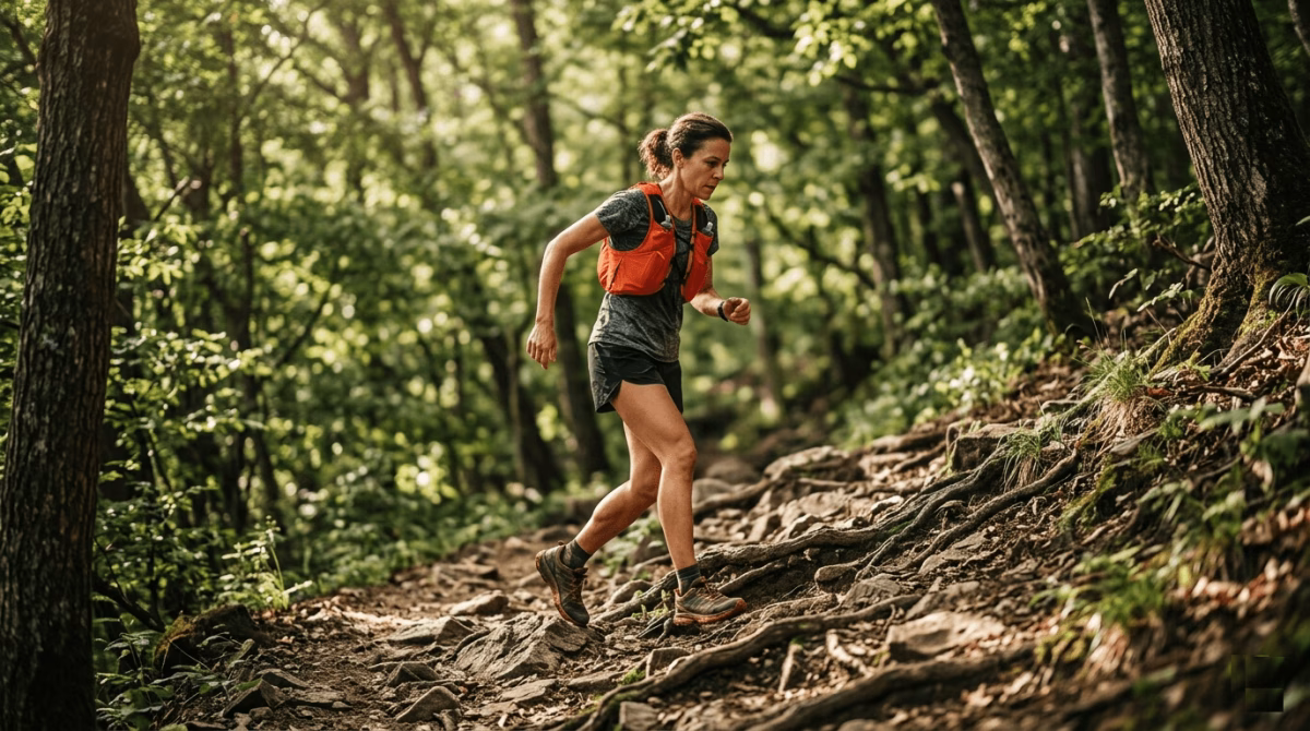 female trail runner on steep rocky single-track illustrating terrain adjustment when predicting running race time