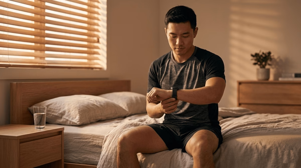 East Asian male athlete checking wearable HRV data in the morning to decide on easy recovery run or rest day
