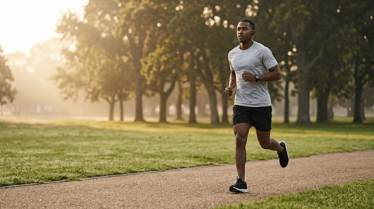 Black male runner jogging at easy recovery run pace along a flat park path in morning light