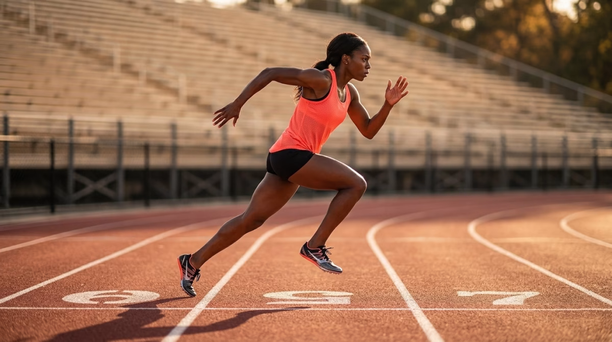 Black female runner performing strides on a track as part of the activation phase in a structured running workout session
