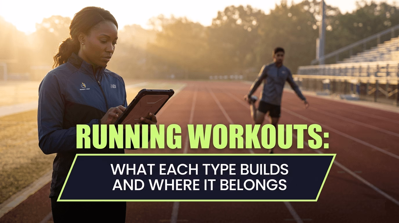 Coach reviewing running workouts on a tablet at a track — what each type builds and where it belongs