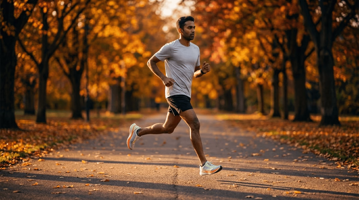 South Asian male runner executing a tempo run workout on a park path at golden hour