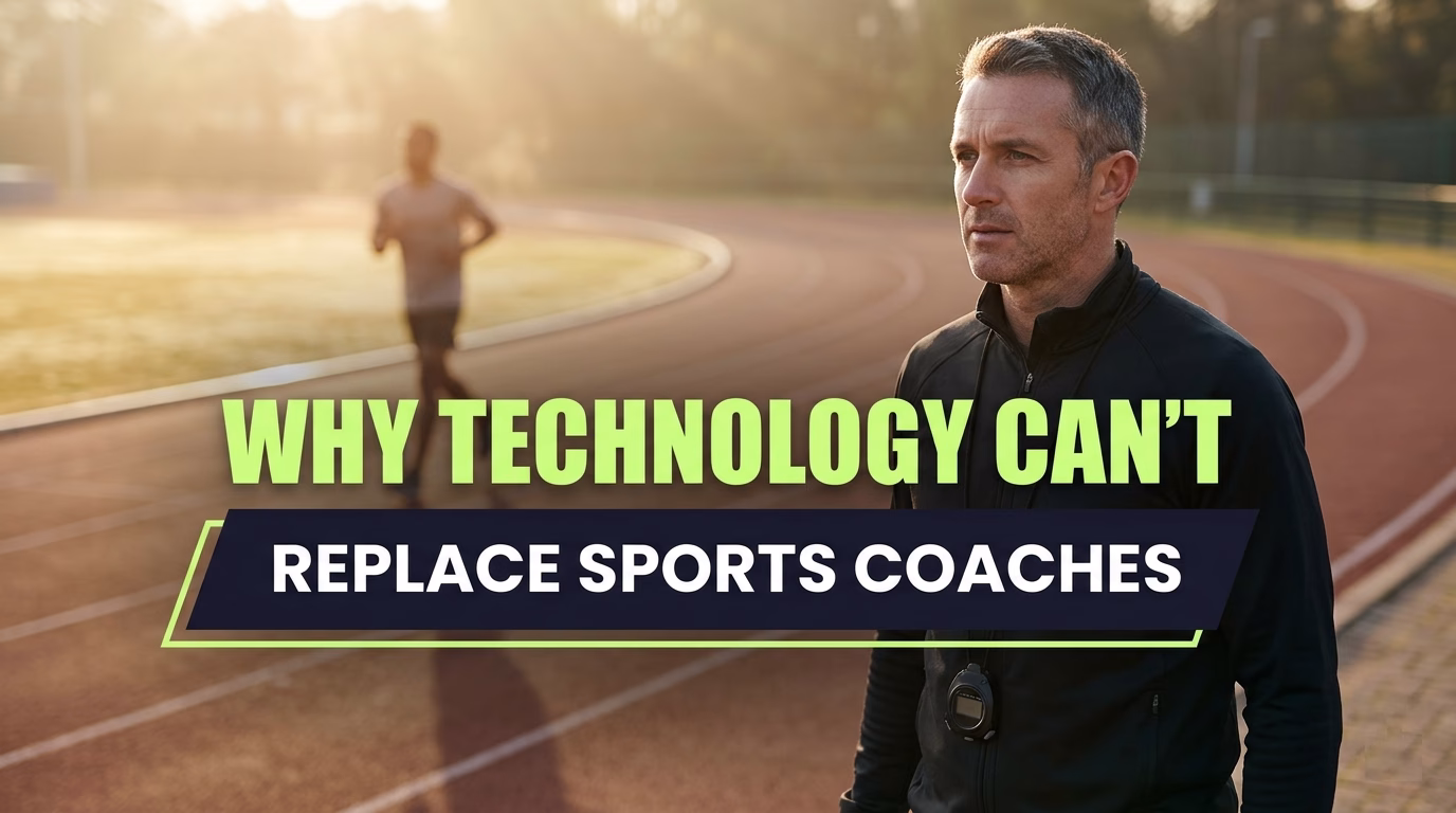 Coach watching an athlete warm up on a track, hero image for why technology can't replace sports coaches