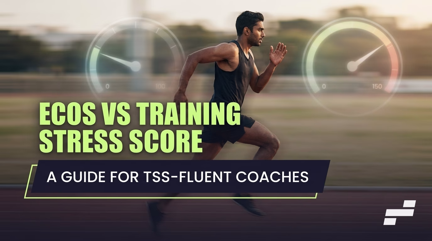 ECOs vs Training Stress Score hero image with a runner and two gauge readings showing the same effort scored differently