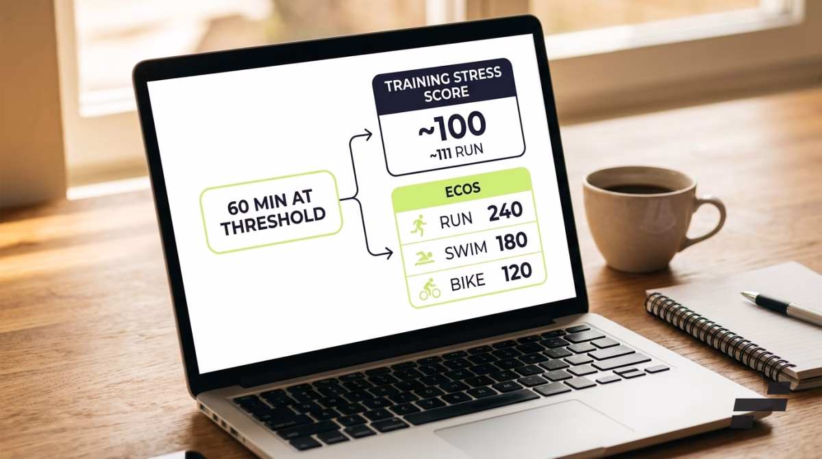 One hour at threshold scored under Training Stress Score versus ECOs across running, swimming, and cycling