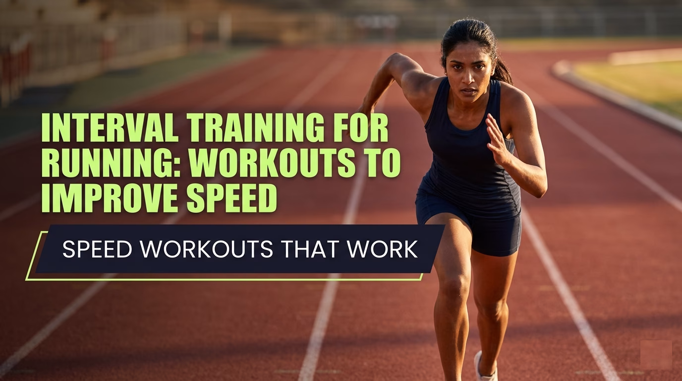 South Asian female runner mid-sprint on a track — interval training for running speed workouts guide