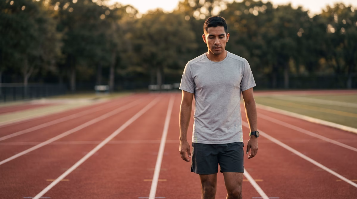 Hispanic male runner in active recovery between interval reps on a running track