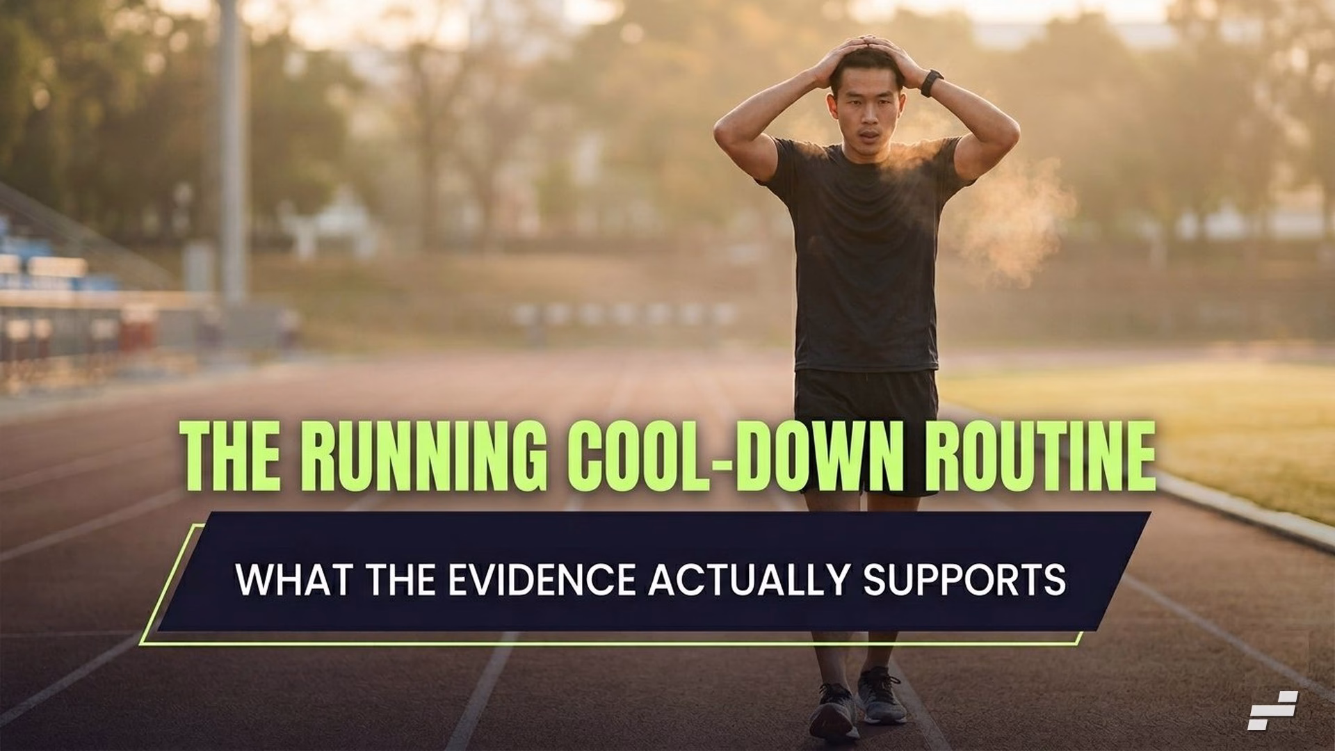 Runner walking and catching breath after a hard effort, with "The Running Cool-Down Routine" title overlay