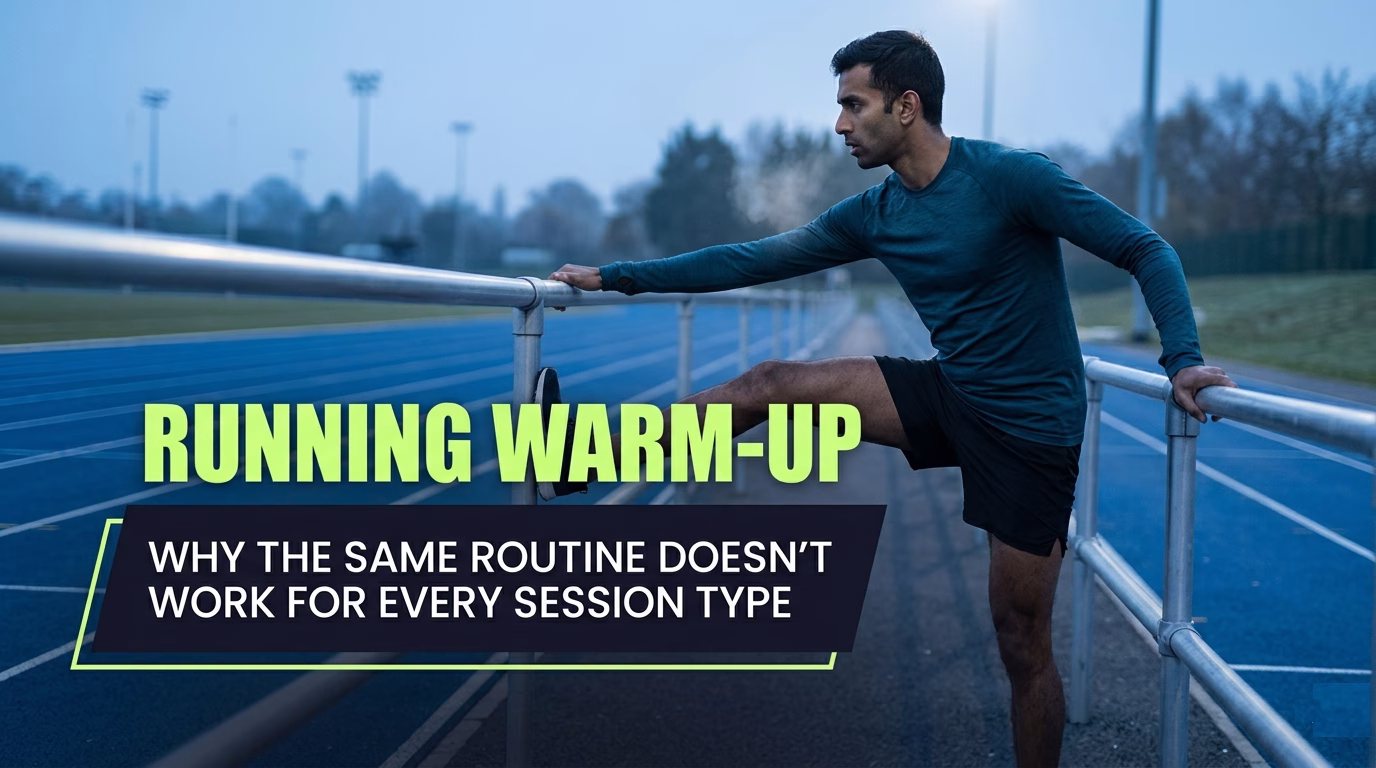 Runner doing a leg swing at a track at dawn, running warm up routine article hero with title