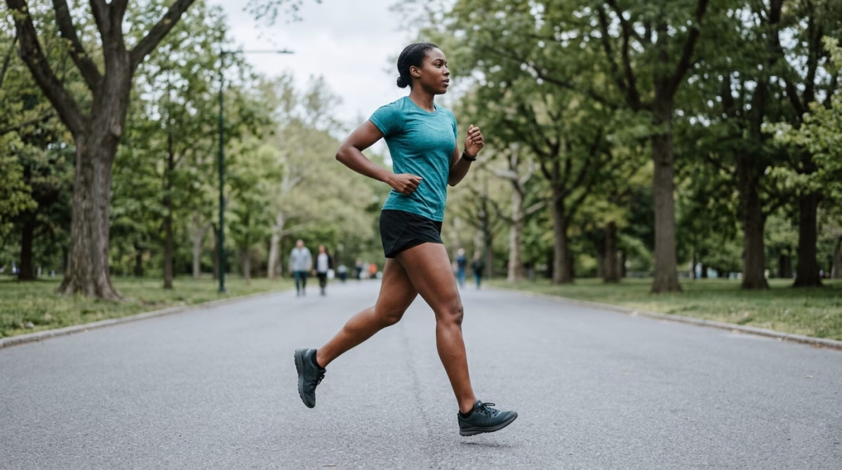 Runner on an easy progressive warm up jog on a park path, running warm up routine by session type