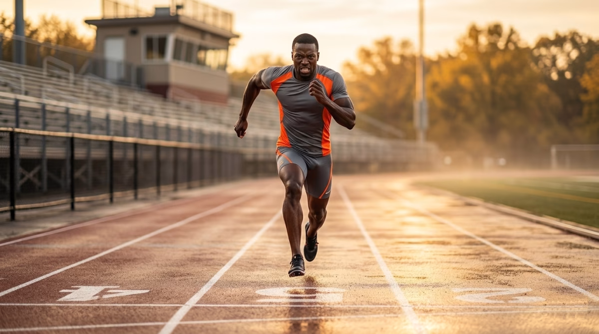 Black male runner completing a threshold running workout interval on a wet athletics track
