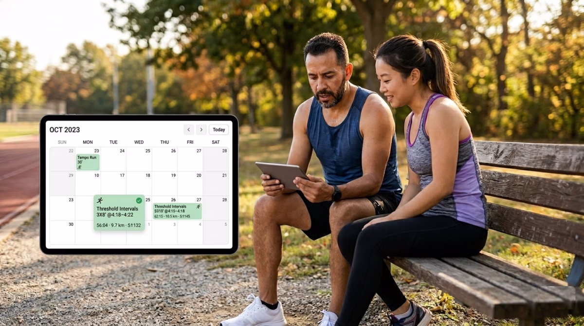 Coach and athlete reviewing threshold running workout block in EndoGusto training calendar on a tablet