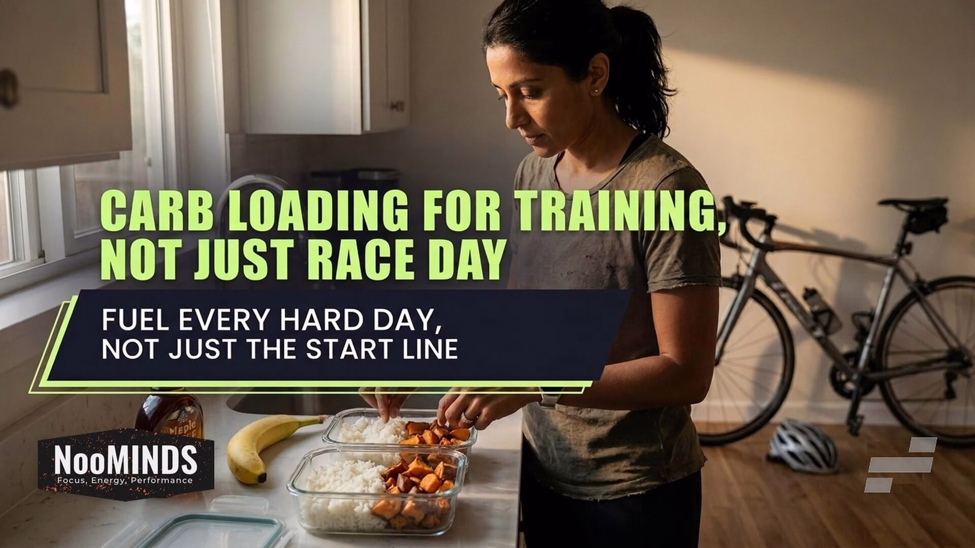 Athlete preparing a carb-loading meal for training with bike and run gear in the background