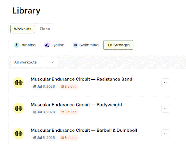 Ready-made triathlon and strength plans in the EndoGusto library.