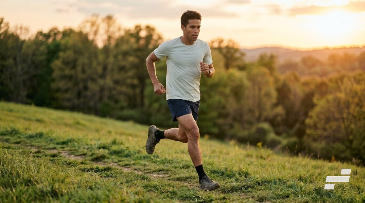 Runner doing a downhill stride drill for cadence, light quick feet on a grassy slope