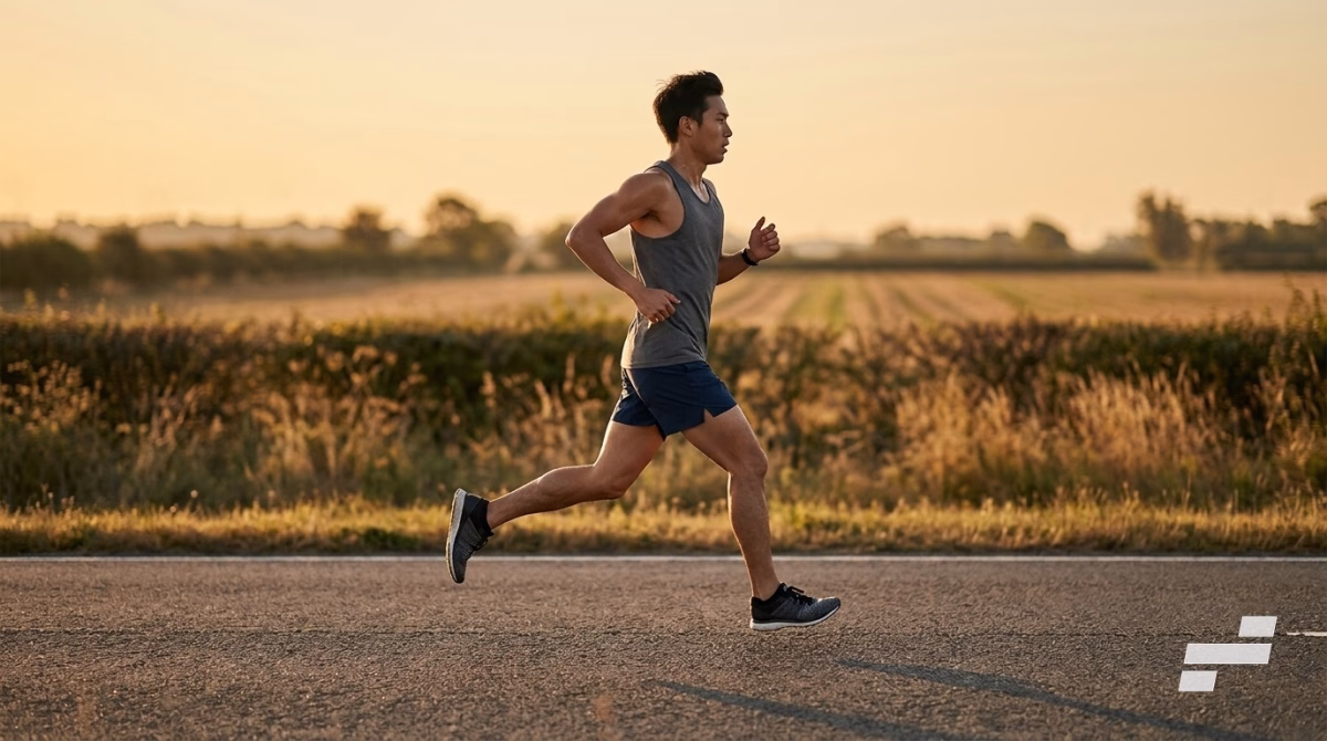 Runner's foot landing under the body, illustrating efficient cadence and stride mechanics