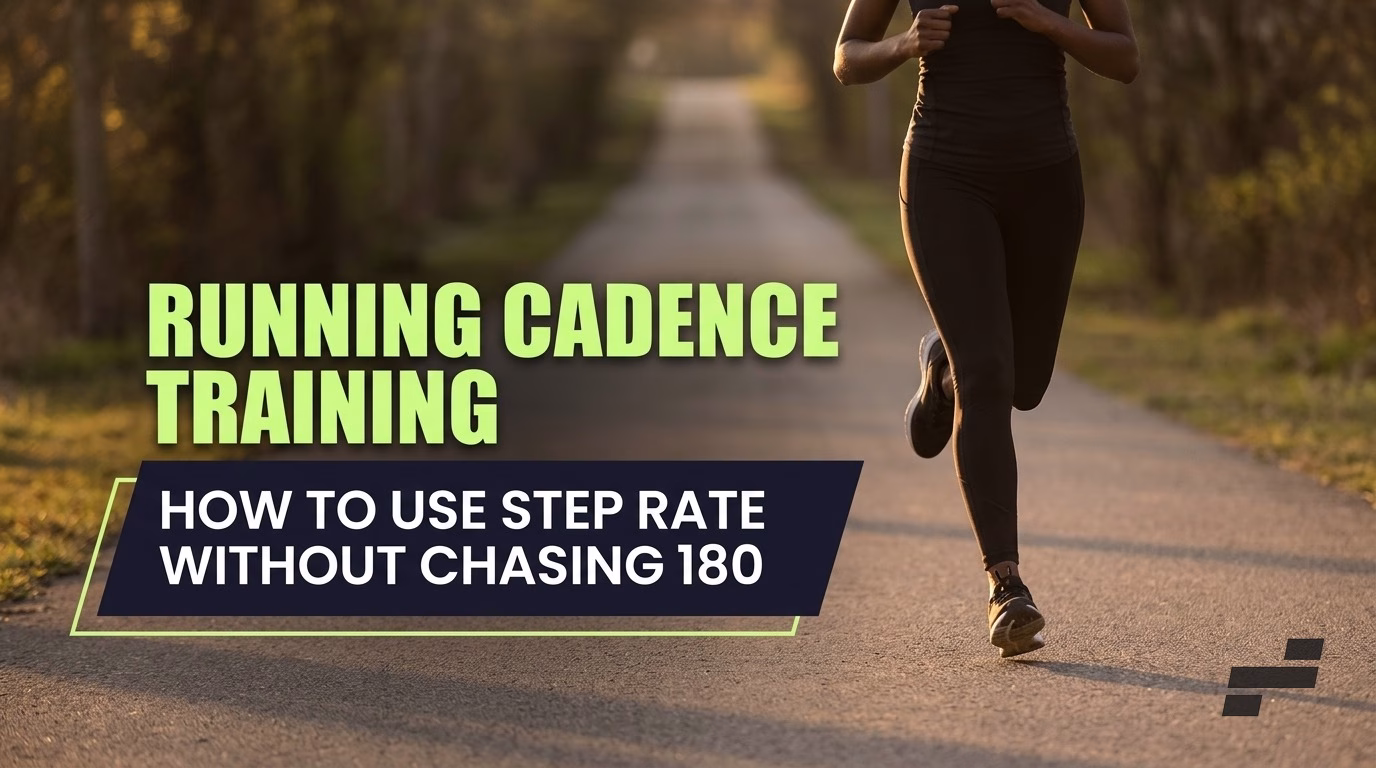 Running cadence training hero, runner with quick light foot turnover on a path at dawn