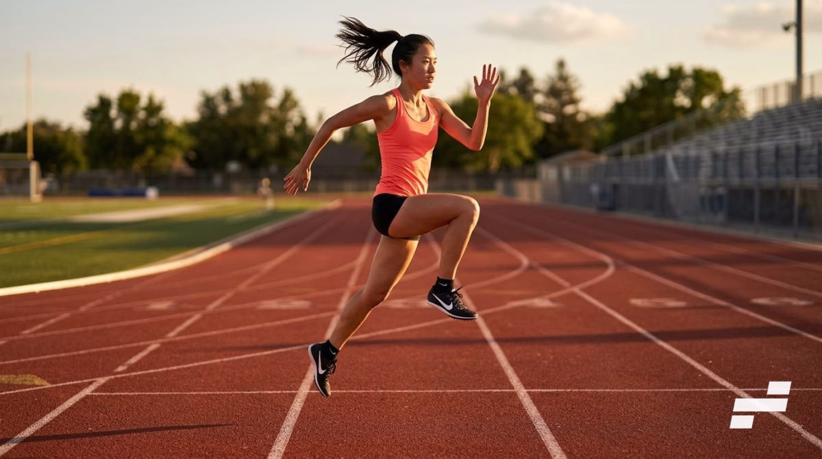 Runner mid-air during an A-skip drill on a track — running technique training