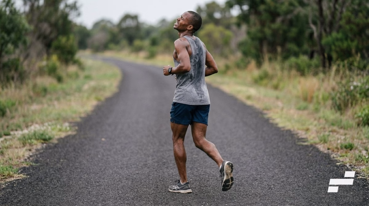 Runner showing fatigue posture, shoulders rising and head dropping, during running form training