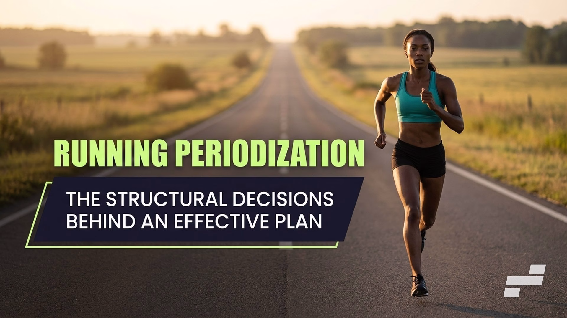 Running periodization hero, a runner on a long straight road receding to the horizon like a timeline