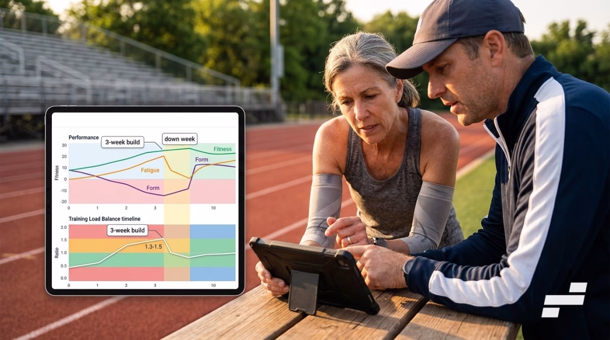 Performance and training load balance graphs across a three-week build and recovery week for a masters runner