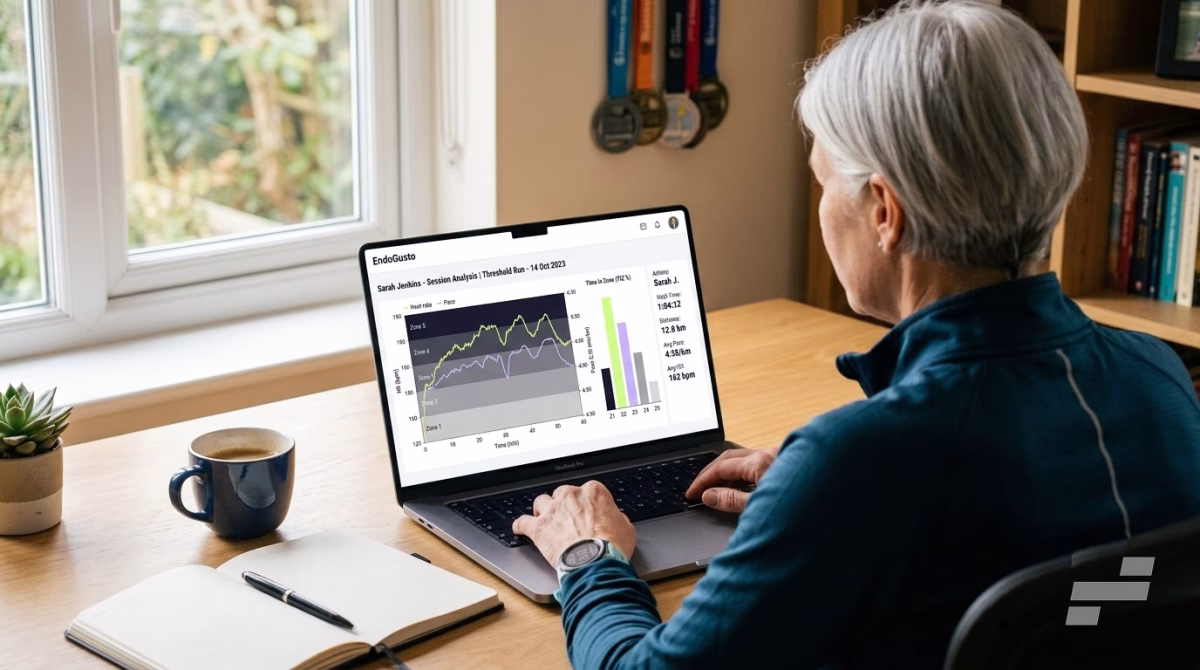Coach reviewing heart-rate, pace, and zone distribution data in the EndoGusto platform