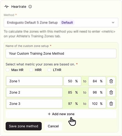Custom training zone names and boundaries set for an athlete in EndoGusto